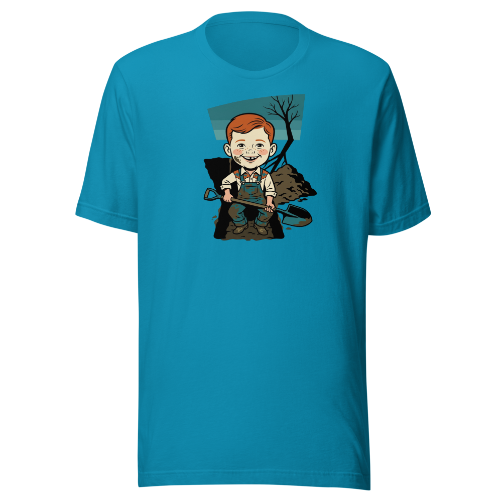 Suspicious Backyard Digger Vintage Poster Tee — aqua front view