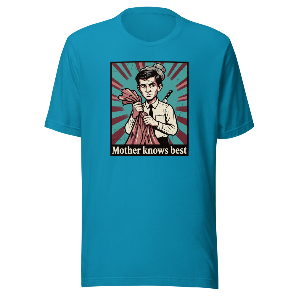 Mother Knows Best Motel Keeper Propaganda Tee — aqua front view