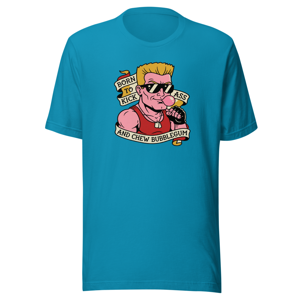 Bubblegum Action Hero Traditional Tattoo Flash Tee — aqua front view