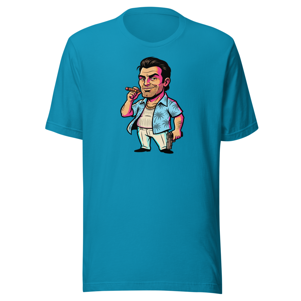 Tropical Mobster Halftone Pop Art Neon Miami Tee — aqua front view