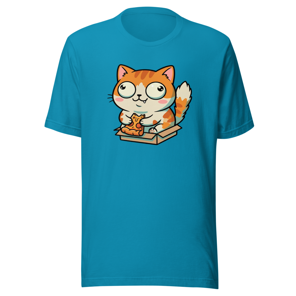 Chibi Pizza Cat Cardboard Box Zoomies Kawaii Tee — aqua front view
