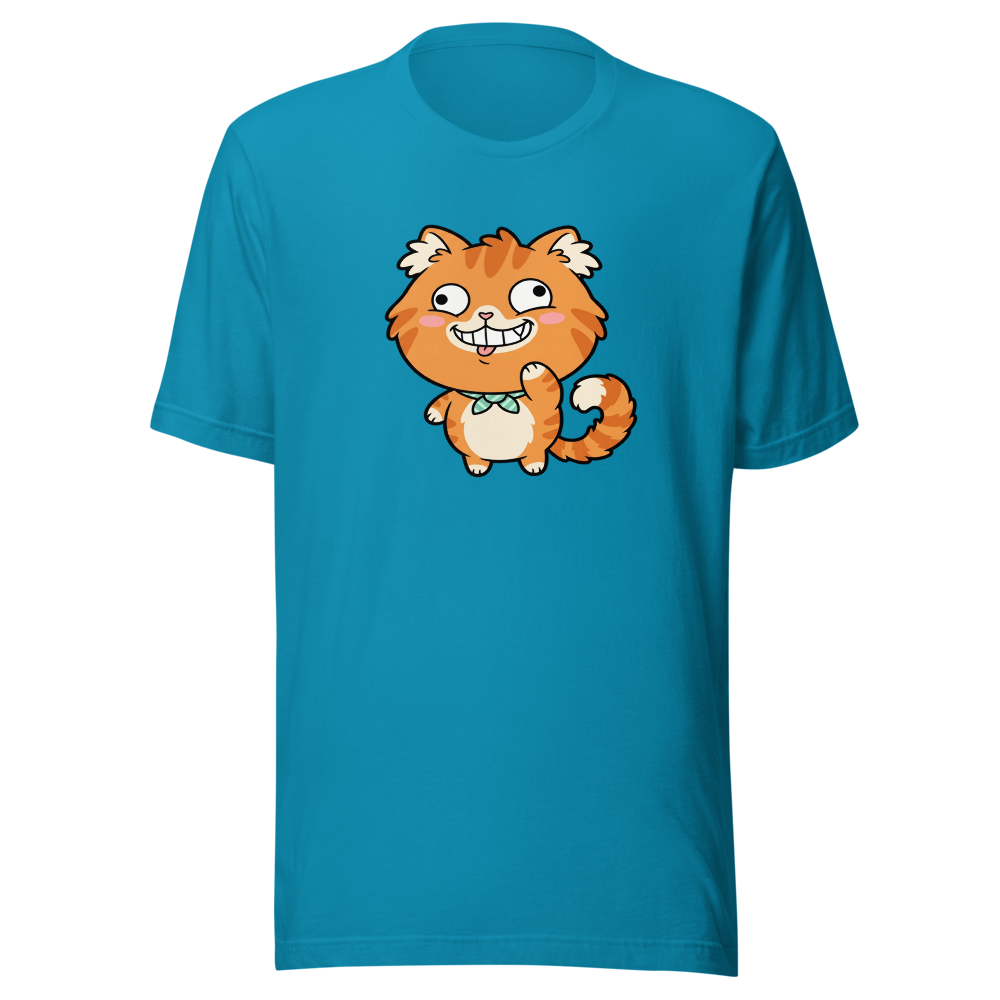 Derpy Orange Tabby Chibi Meme Cat Tee — aqua front view