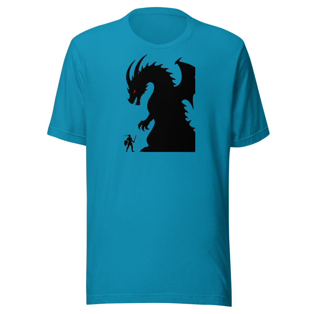 Tiny Hero Giant Boss Silhouette Minimalist Gamer T-Shirt — Premium Tee — aqua front view