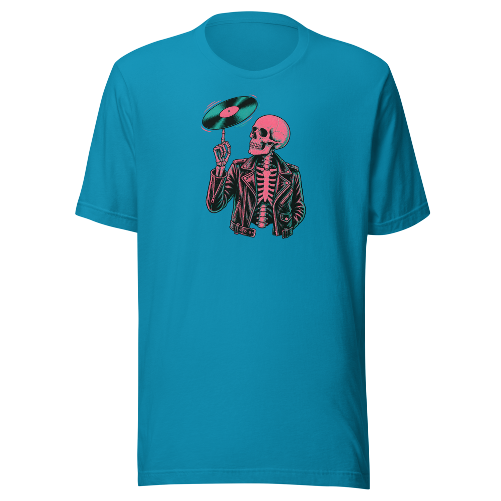 Riso Skeleton Vinyl Spin Gig Poster Punk Rock Tee — aqua front view