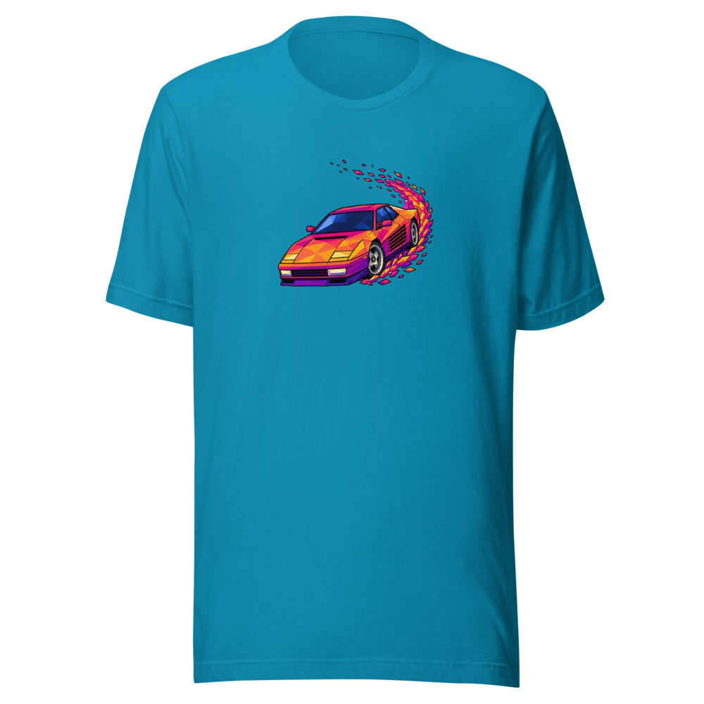 Poly Drift Racer Retro Arcade Sunset T-Shirt — aqua front view