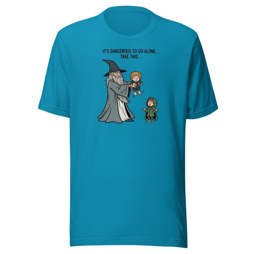 Wizard Hands Off Tiny Hobbit Fantasy Parody Tee — Premium Tee — aqua front view