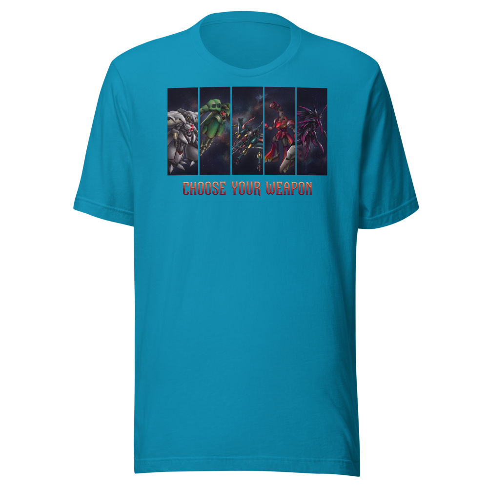 Choose Your Weapon Retro RPG Boss Roster Tee — aqua front view