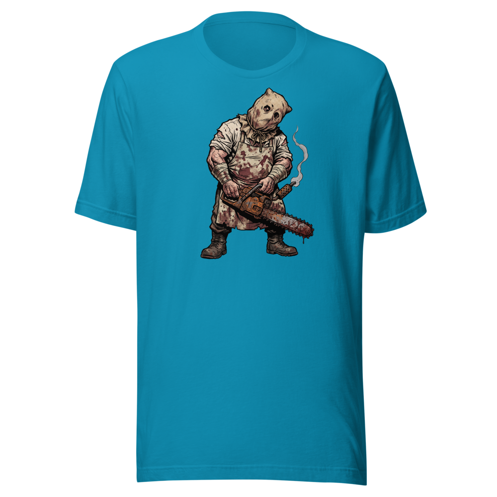 Sack Mask Chainsaw Executioner Horror Tee — aqua front view