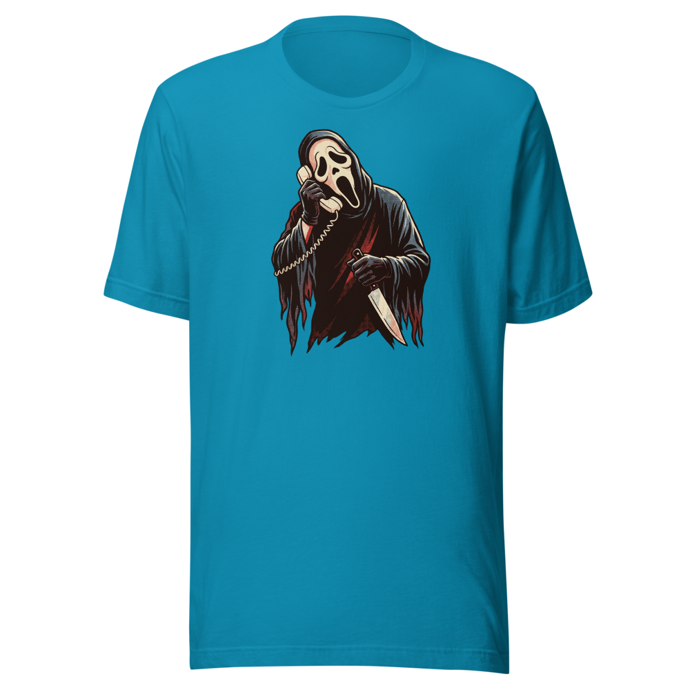 Masked Phone Caller On Hold Halftone Horror Tee — aqua front view