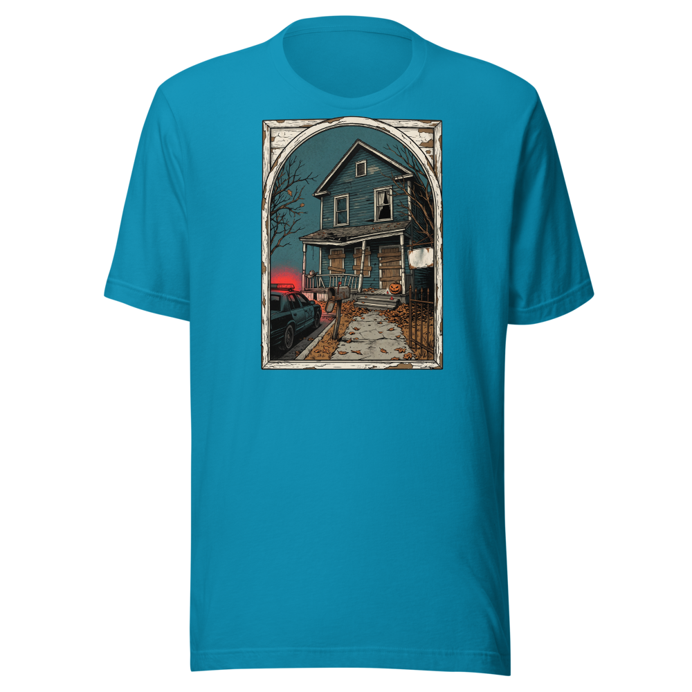Haunted House Halloween Night Screen Print Horror Tee — Premium Tee — aqua front view