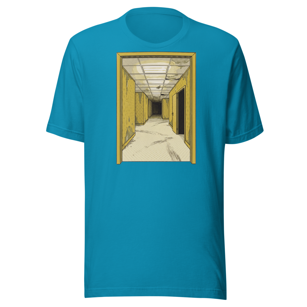 Yellow Liminal Hallway Endless Corridor Riso Tee — Premium Tee — aqua front view