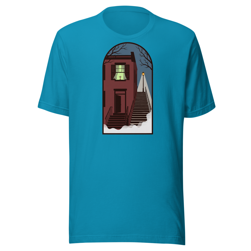 Haunted Row House Stone Stairs Horror Night Tee — Premium Tee — aqua front view