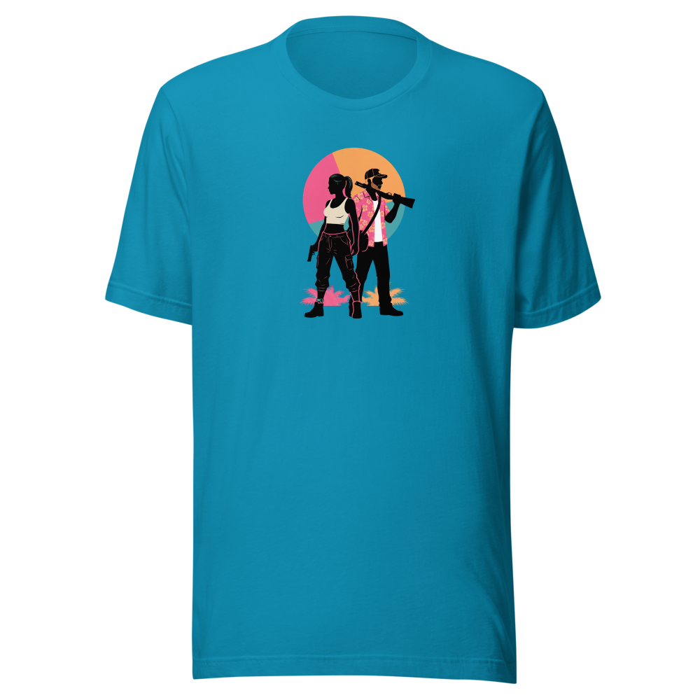 Outlaw Couple Neon Sunset Crime Duo Graphic Tee — aqua front view