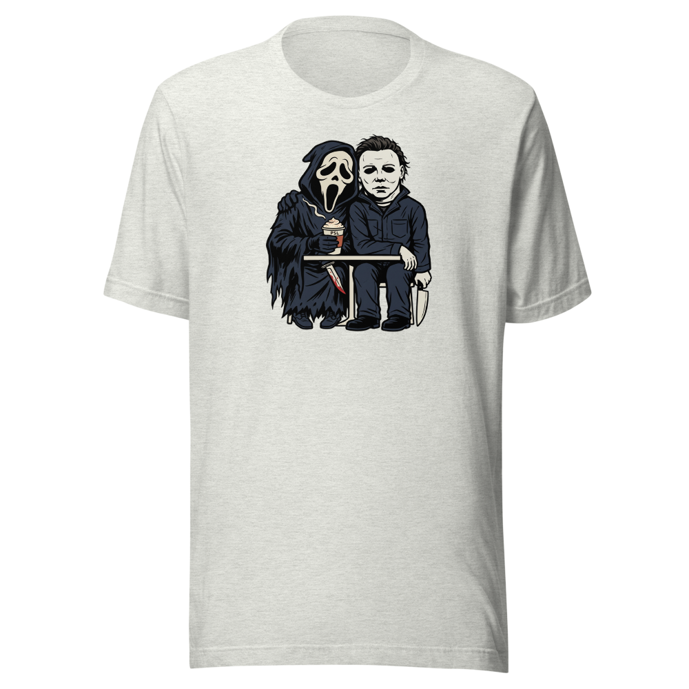 Masked Slashers Pumpkin Spice Latte Horror Tee — Men's Premium Tee — ash front view