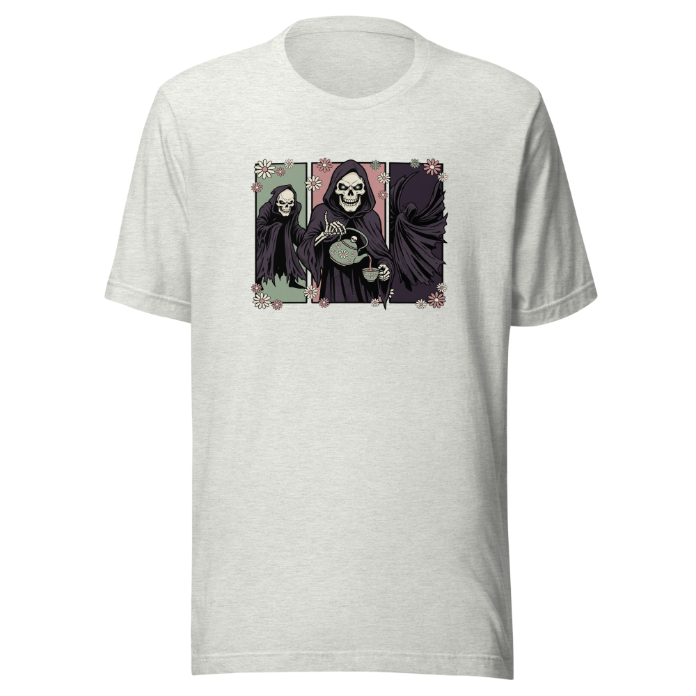 Skull Sorcerer Tea Time Comic Triptych Tee — ash front view