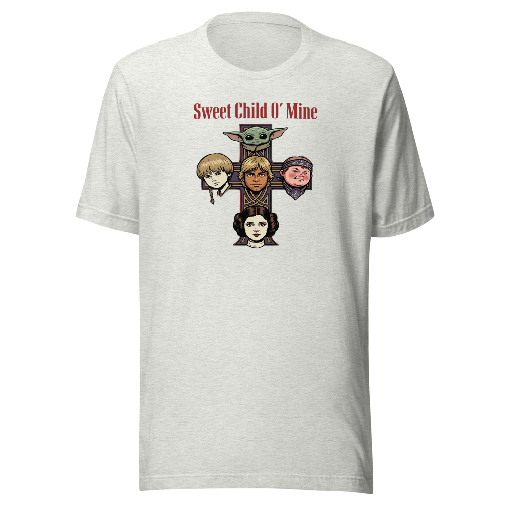Sweet Child Sci-Fi Rock Cross album Parody Tee — ash front view