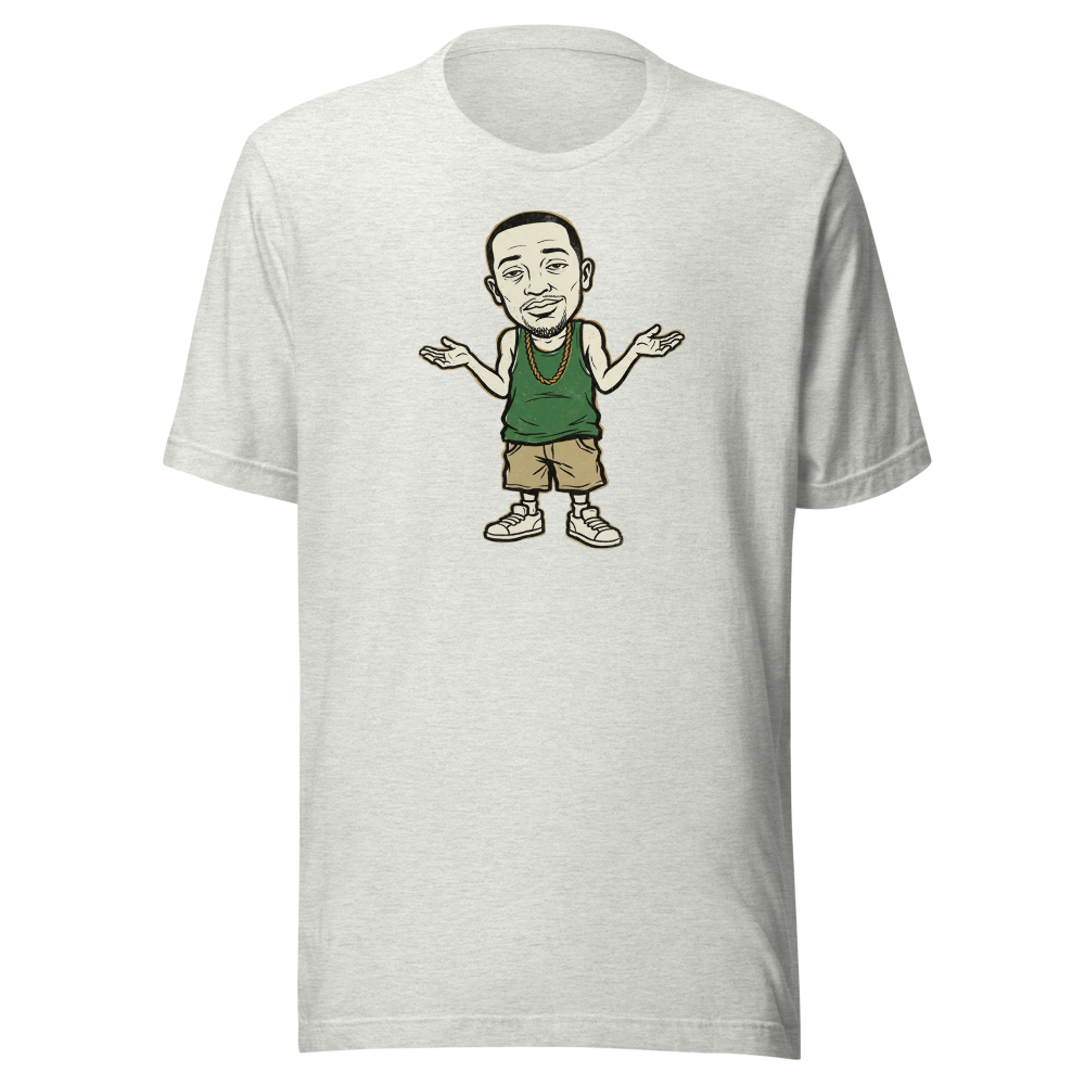 Here We Go Again Open-World Shrug Punk Tee — ash front view