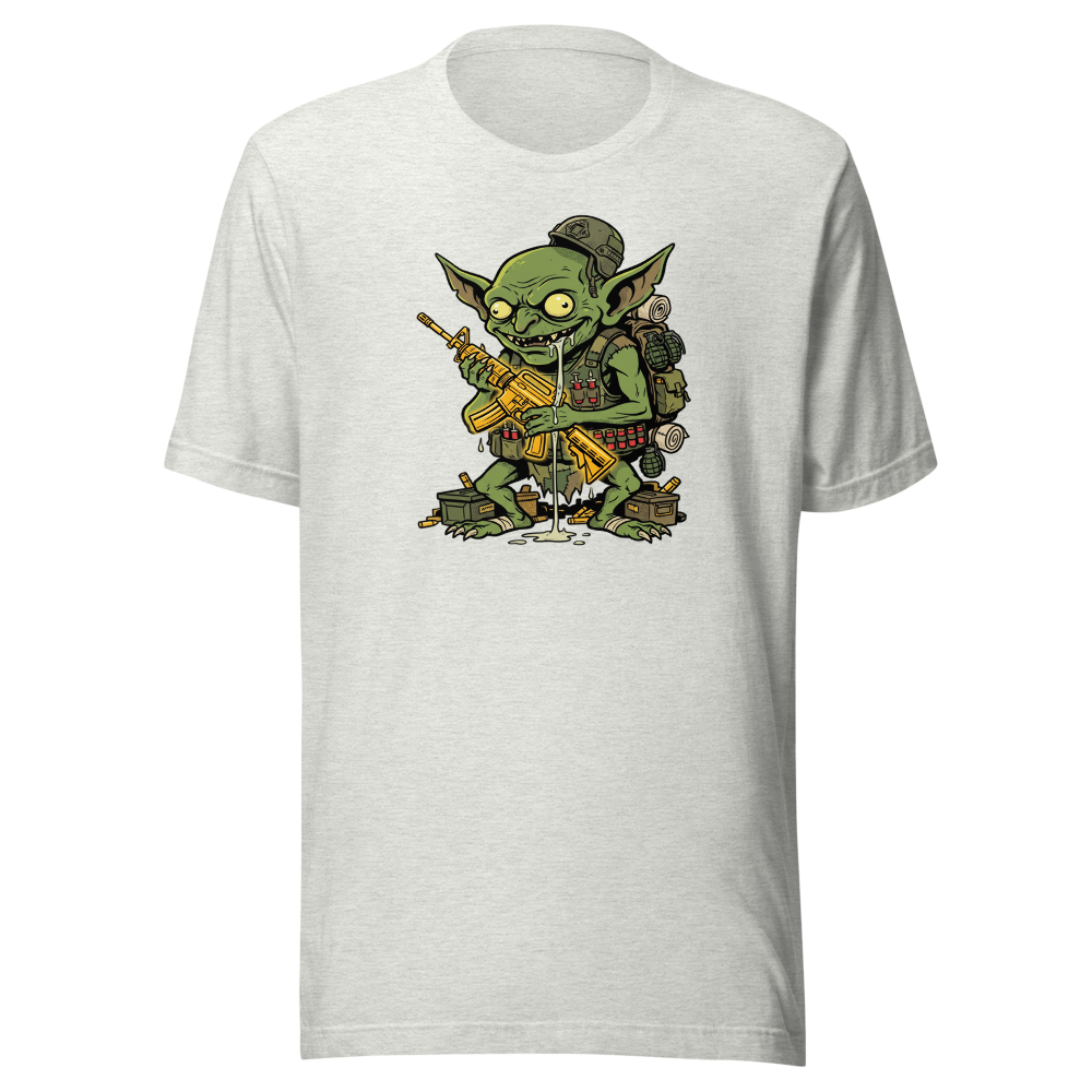 Loot Gremlin Gold Rifle Battle Royale Gamer Tee — ash front view