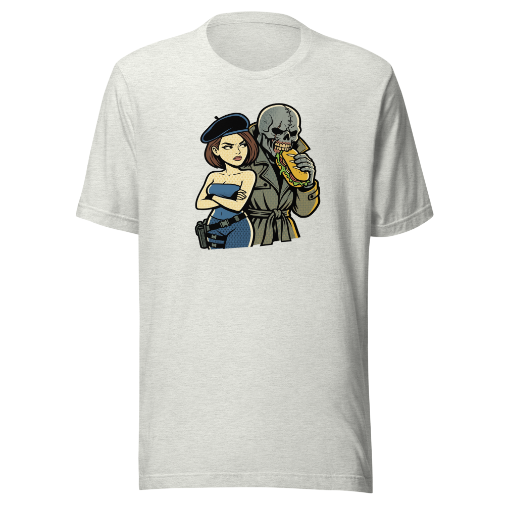 Parisian Beret Survival Horror Sandwich Parody Tee — ash front view