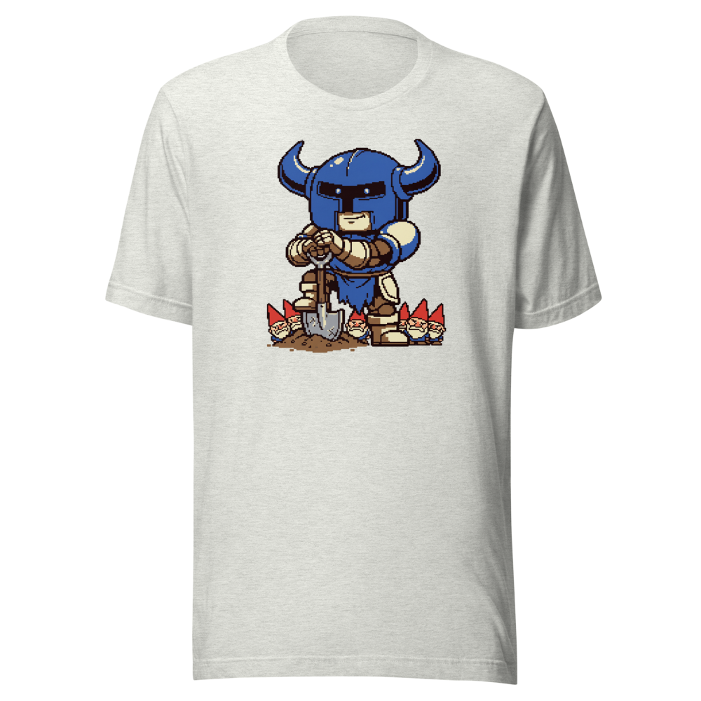Pixel Knight Gnome Gardener Retro 16-Bit Gaming Tee — ash front view