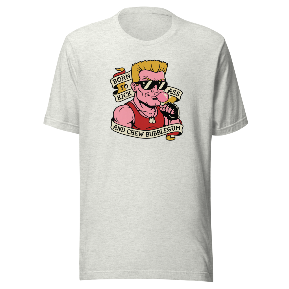 Bubblegum Action Hero Traditional Tattoo Flash Tee — ash front view
