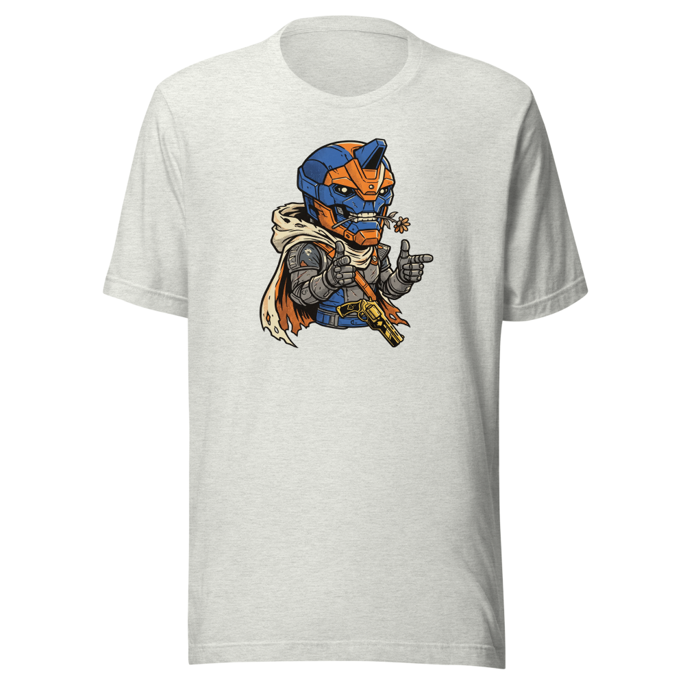 Wisecracking Exo Gunslinger Halftone Pop Art Tee — ash front view