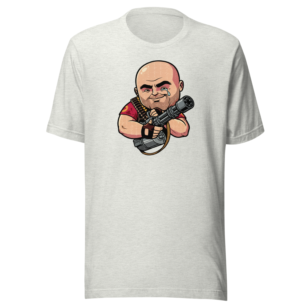Big Russian Gunner Minigun Hug Pop Art Tee — ash front view