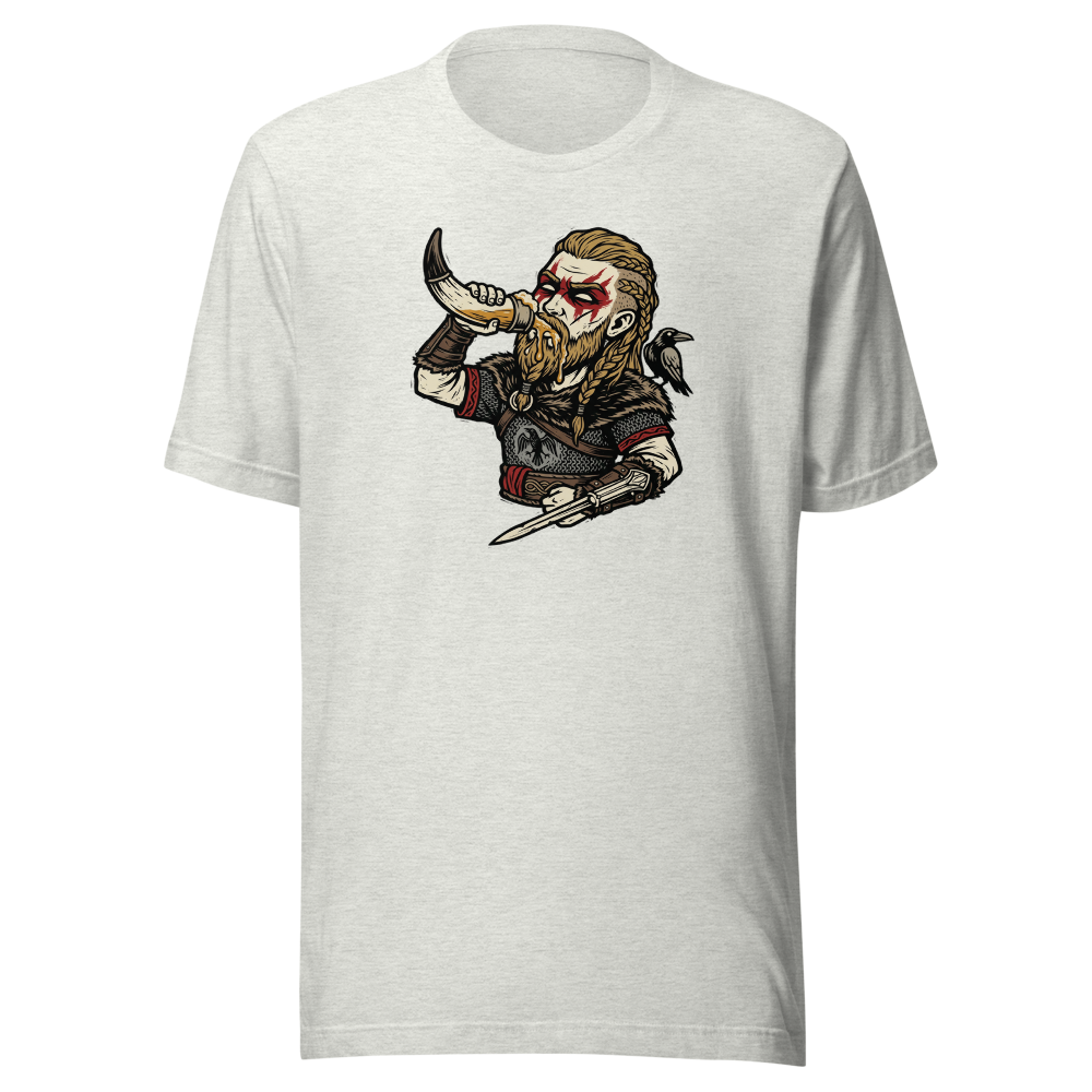Viking Raider Mead Horn Hidden Blade Woodcut Tee — ash front view