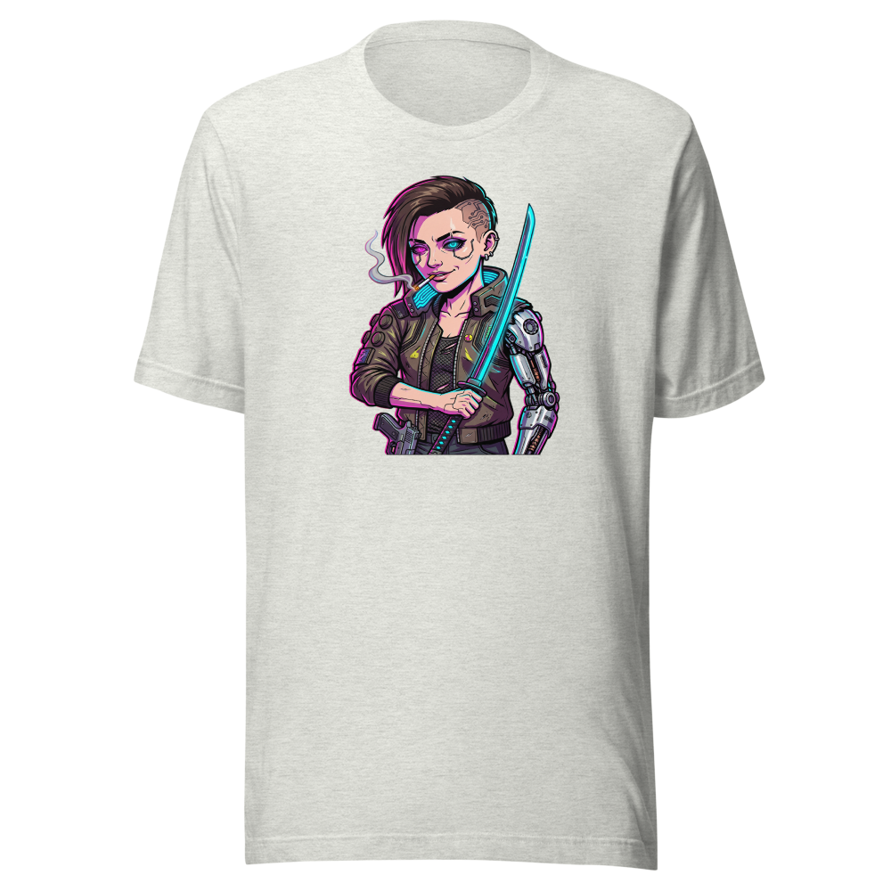 Neon Night City Chrome Merc Katana Tee — ash front view