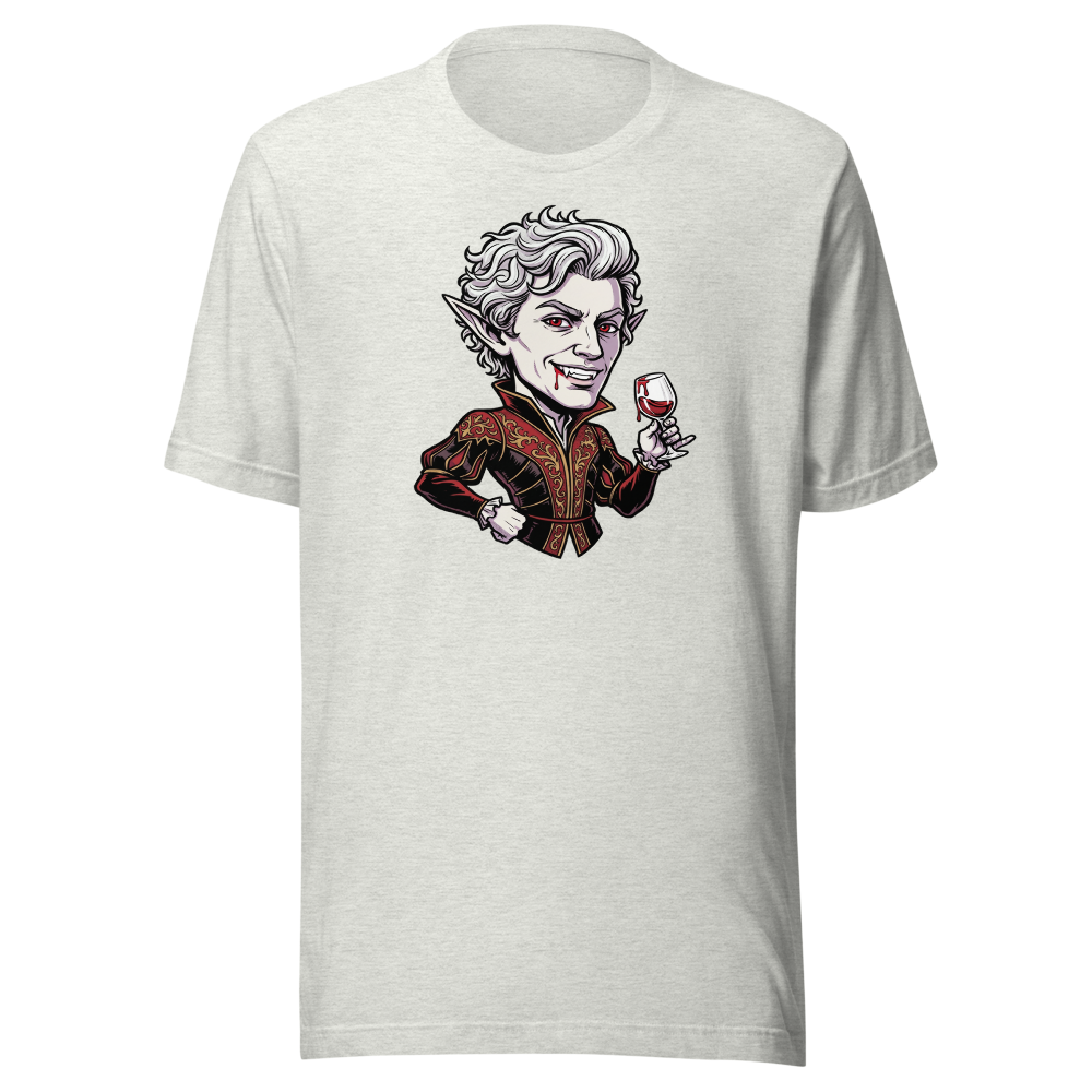Smug Vampire Elf Rogue Comic Ink Tee — ash front view