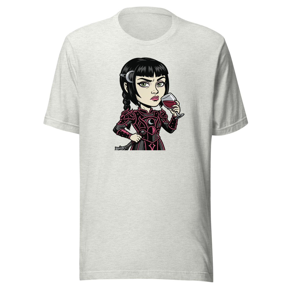 Moody Cleric Wine Judgment Comic Ink RPG Tee — ash front view