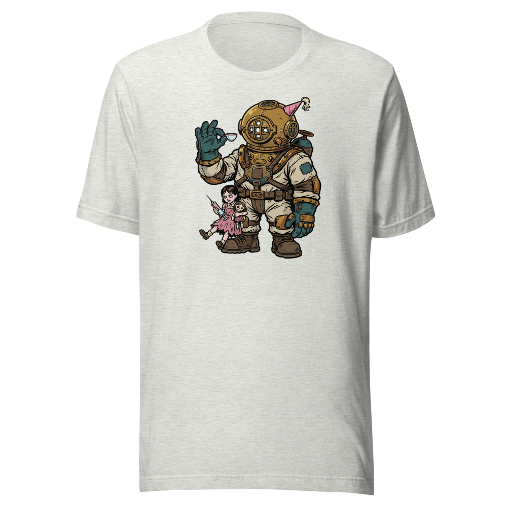 Deep Sea Diver Tea Party Comic Ink Graphic Tee — ash front view