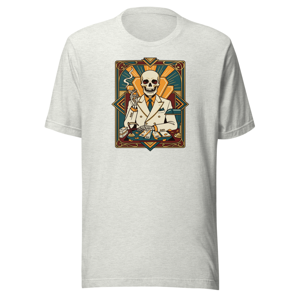 Skeleton Travel Agent Art Deco Noir Tee — ash front view