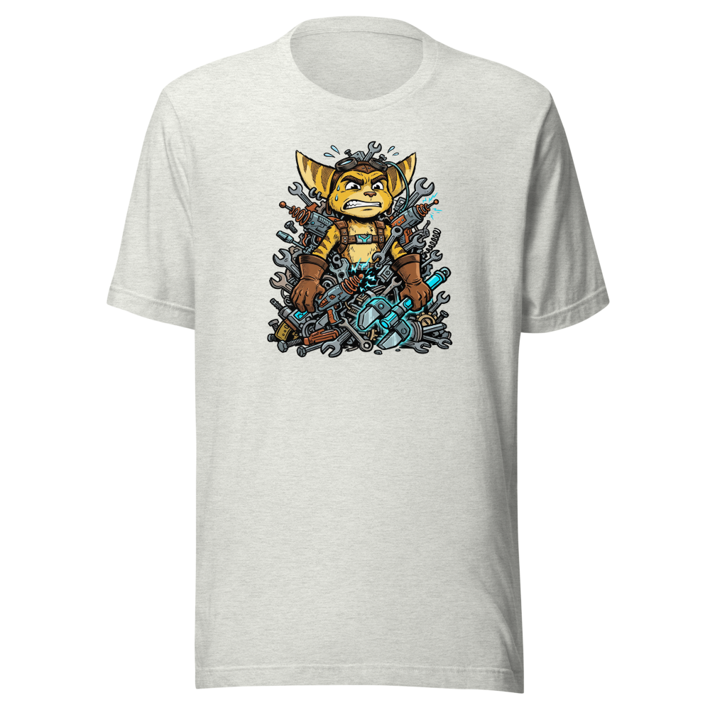 Overwhelmed Space Mechanic Wrench Pile Comic Tee — ash front view