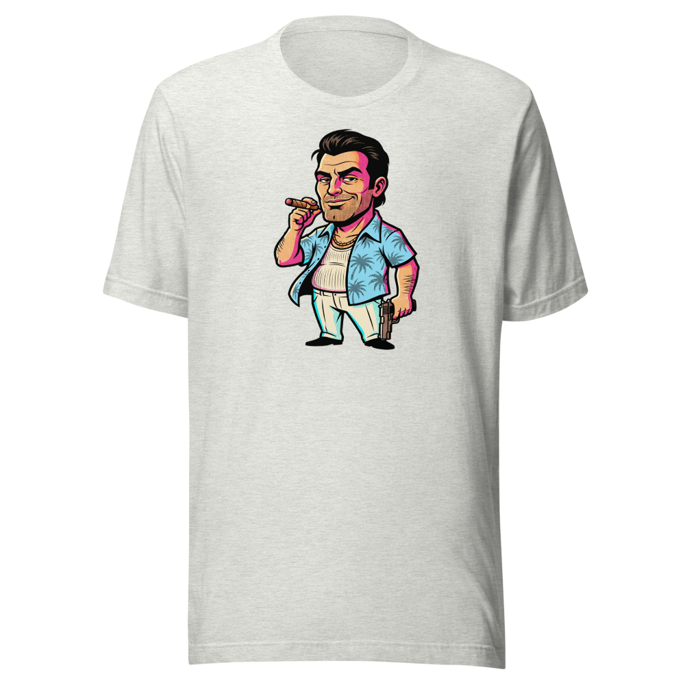 Tropical Mobster Halftone Pop Art Neon Miami Tee — ash front view