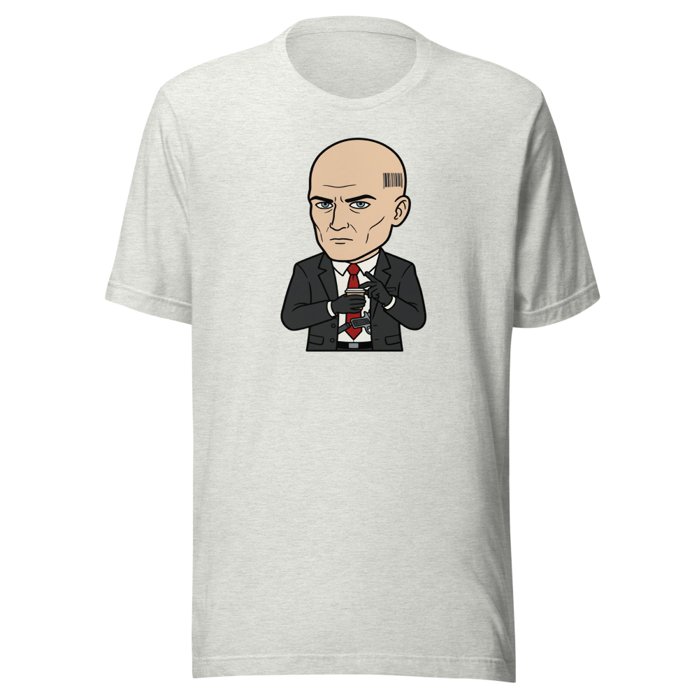 Deadpan Bald Assassin Cappuccino Order Tee — ash front view
