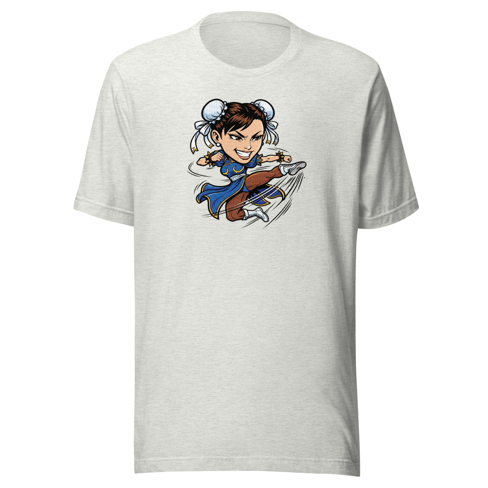 Arcade Fighter Spinning Kick Halftone Pop Art Tee — ash front view
