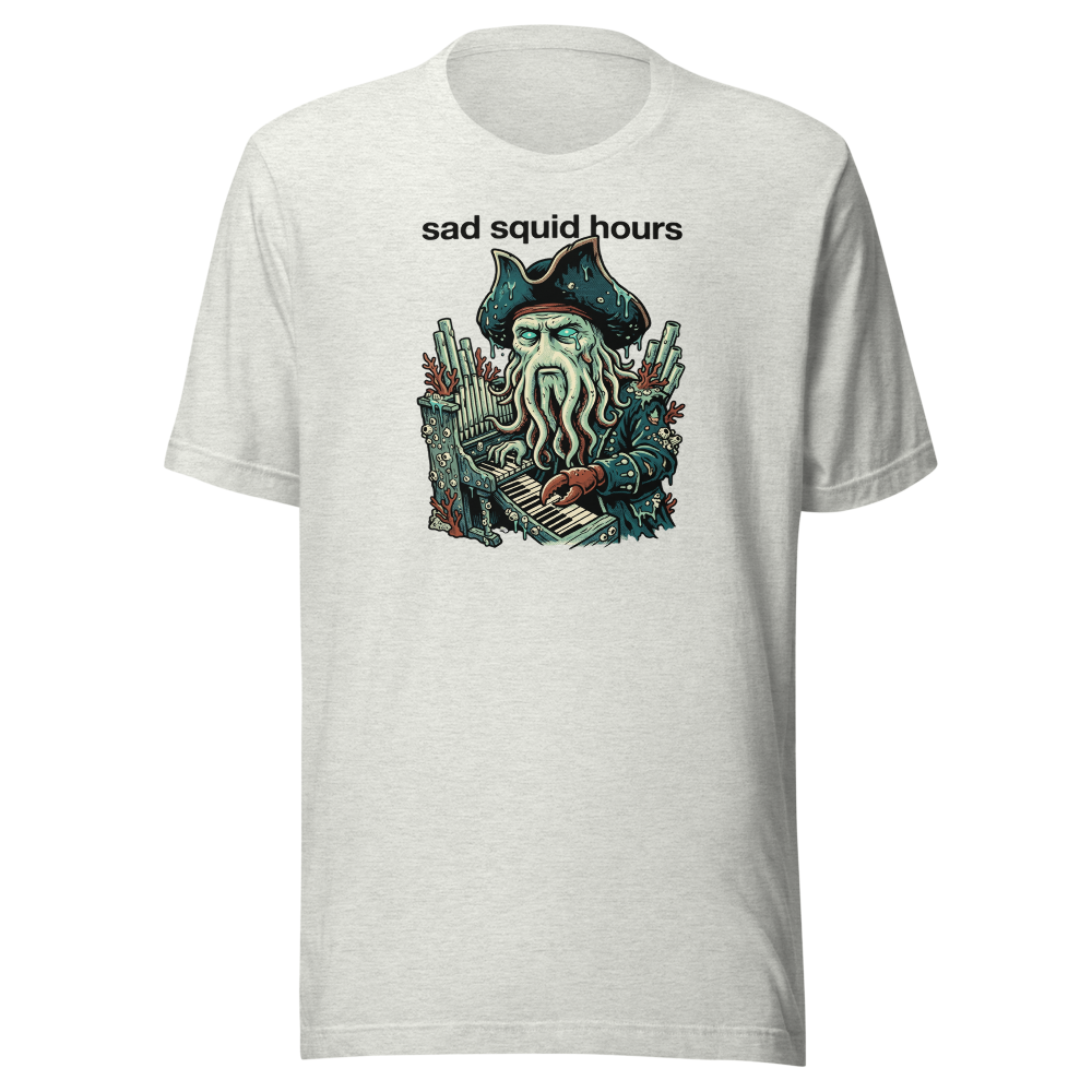 Sad Squid Hours Cursed Sea Captain Pop Art Tee — ash front view
