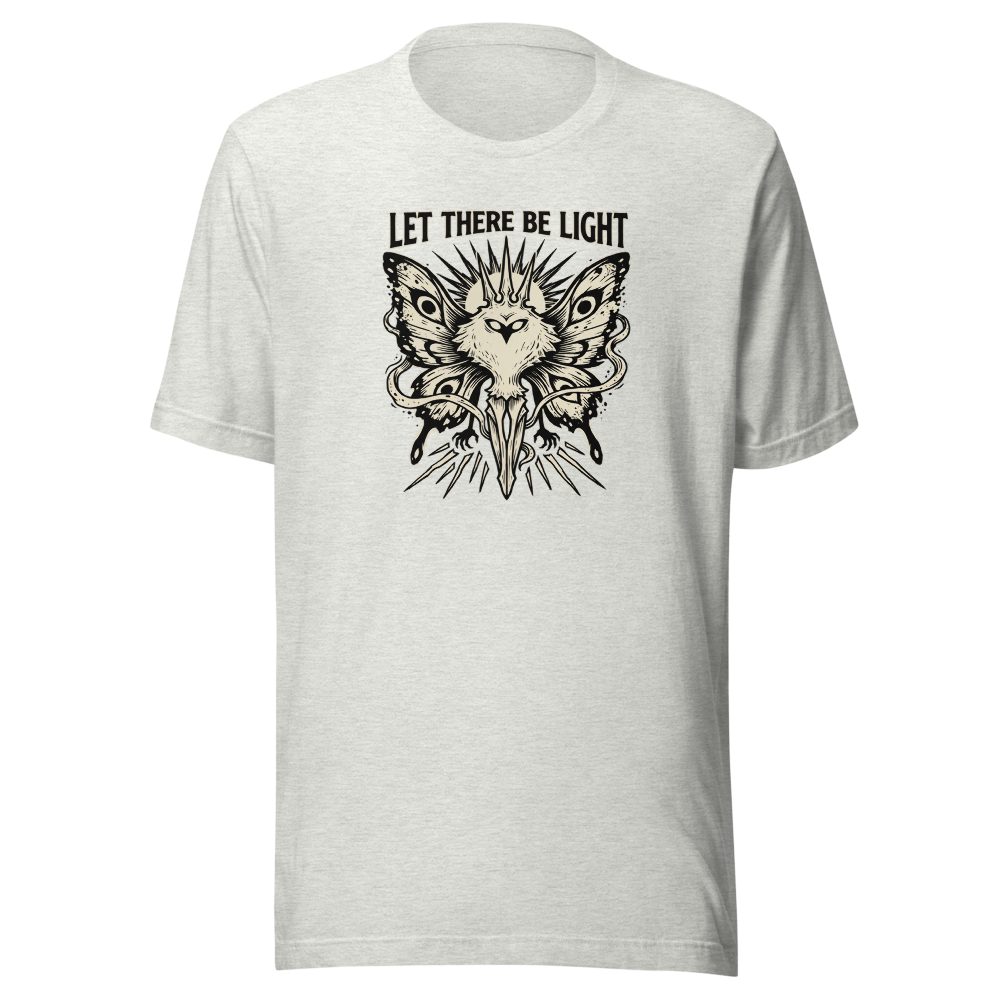 Moth Goddess Blackwork Linocut Let There Be Light Tee — ash front view