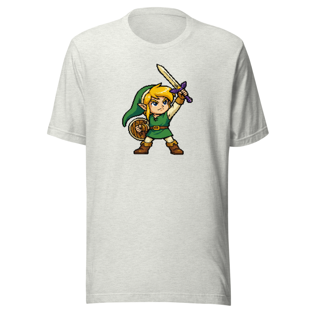 16-Bit Pixel Hero Sword Raise Retro Gamer Tee — ash front view