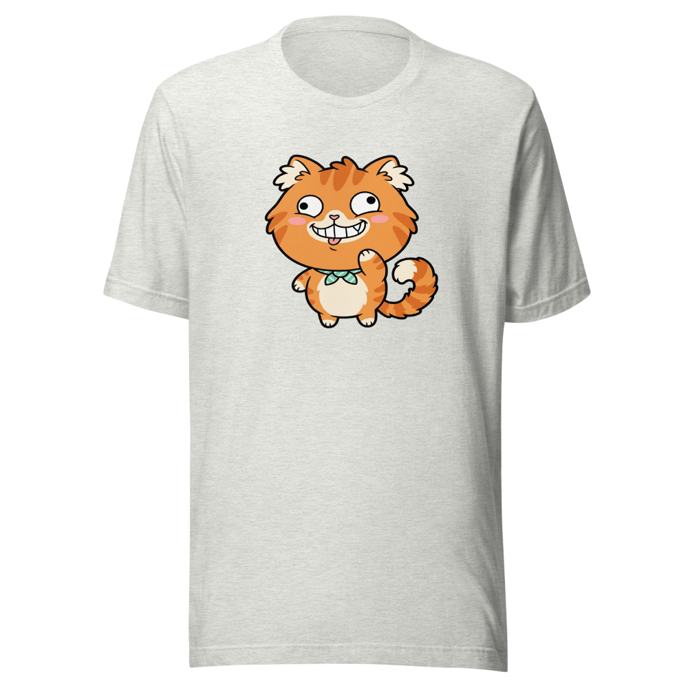 Derpy Orange Tabby Chibi Meme Cat Tee — ash front view