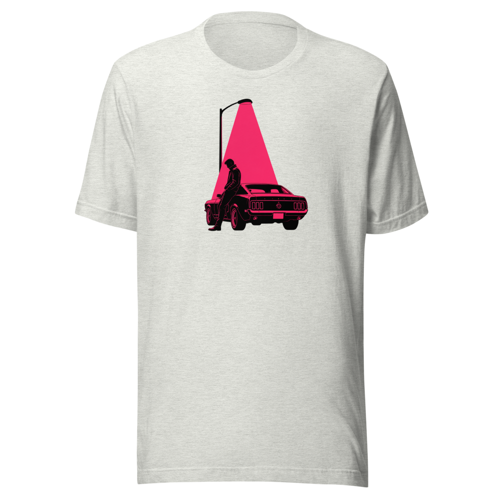Neon Noir Midnight Driver Muscle Car Silhouette Tee â€” Ash front view