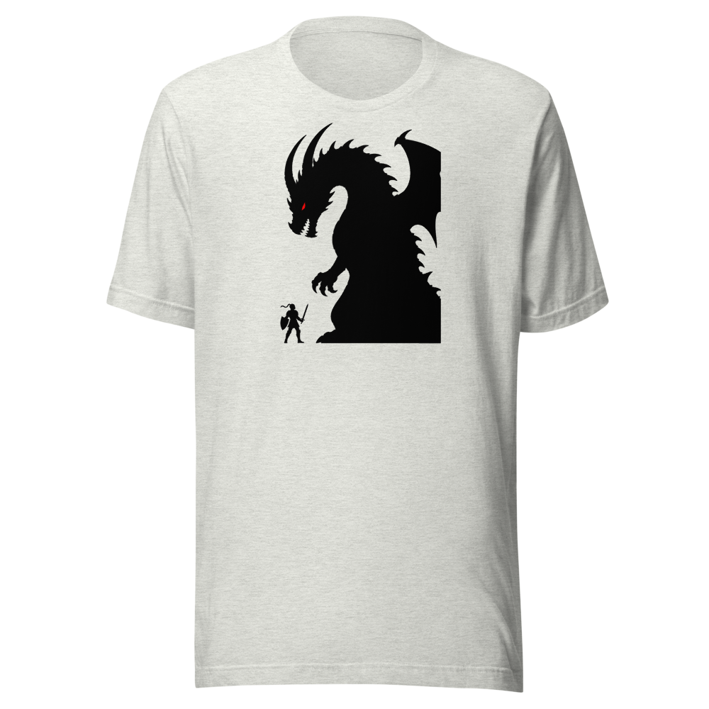 Tiny Hero Giant Boss Silhouette Minimalist Gamer T-Shirt — Premium Tee — ash front view