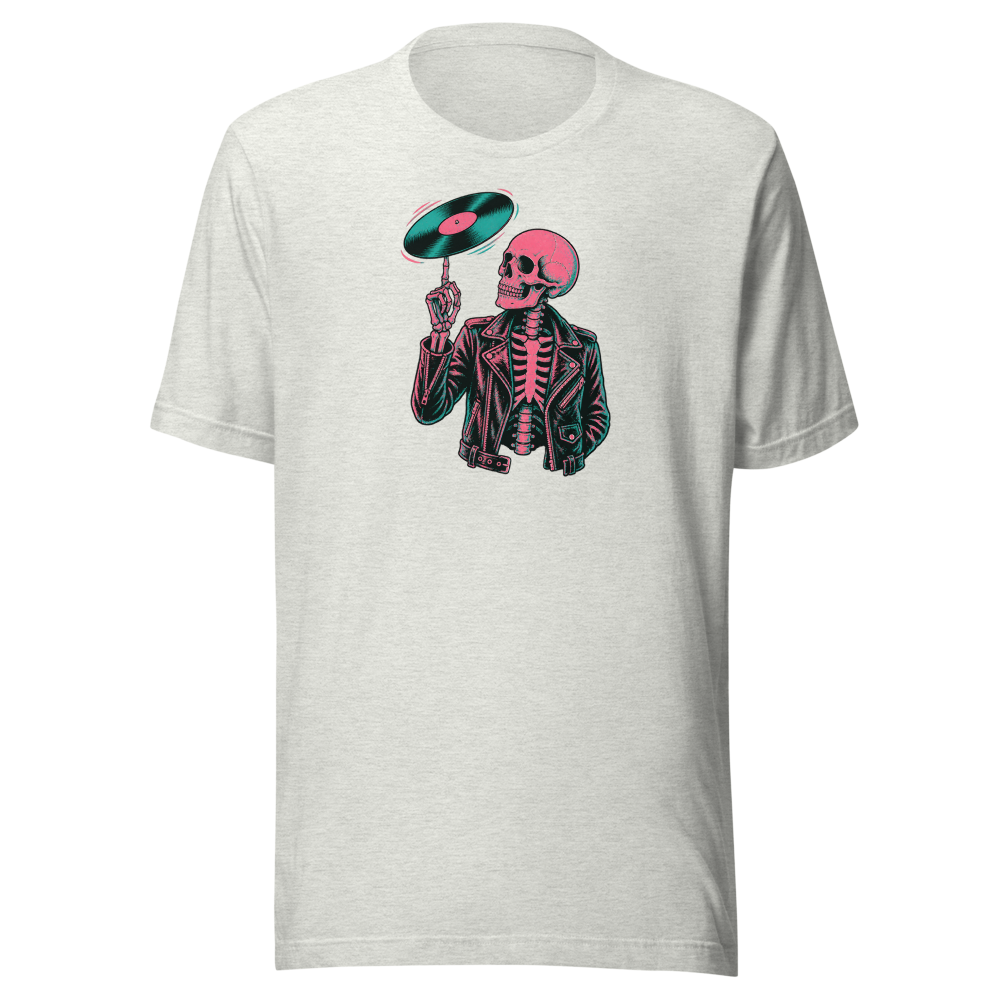 Riso Skeleton Vinyl Spin Gig Poster Punk Rock Tee — ash front view