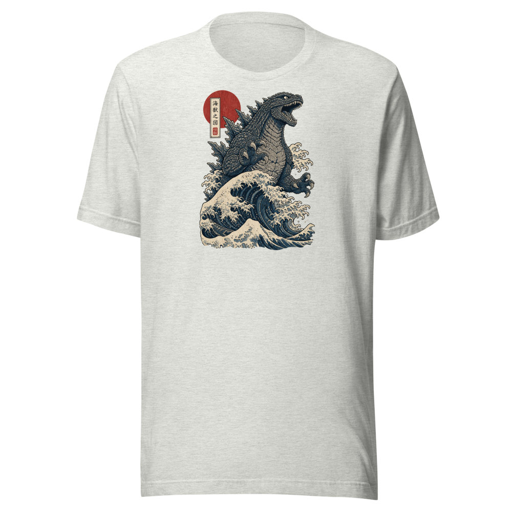 Sea Monster Great Wave Woodblock Print Tee — ash front view
