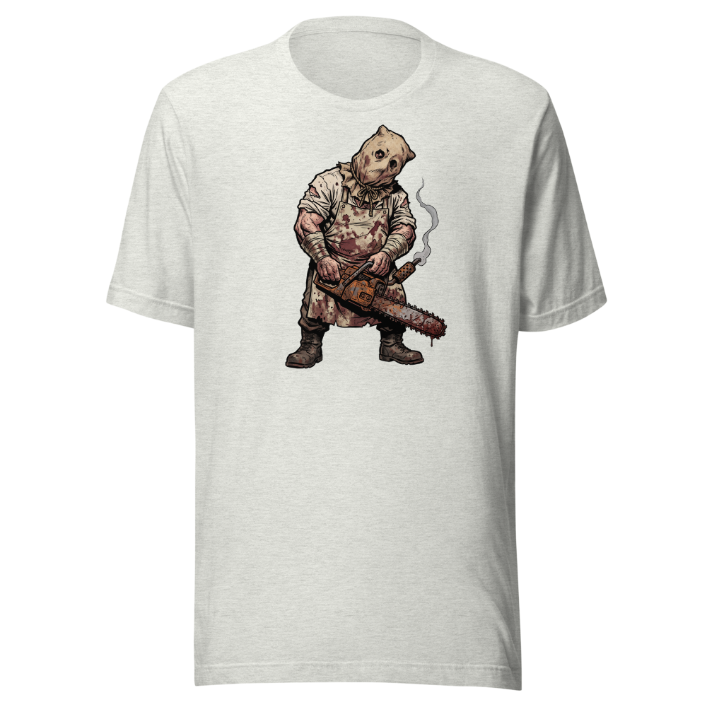 Sack Mask Chainsaw Executioner Horror Tee — ash front view