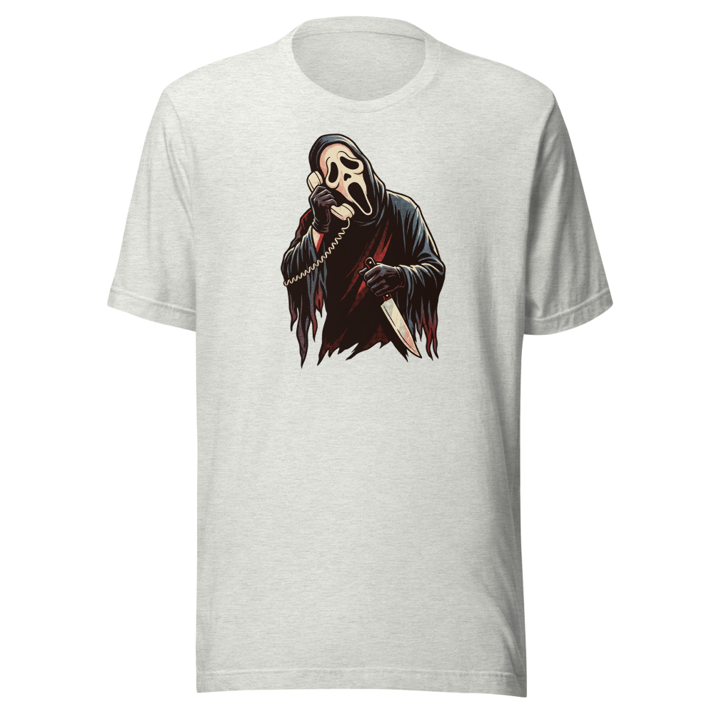 Masked Phone Caller On Hold Halftone Horror Tee — ash front view