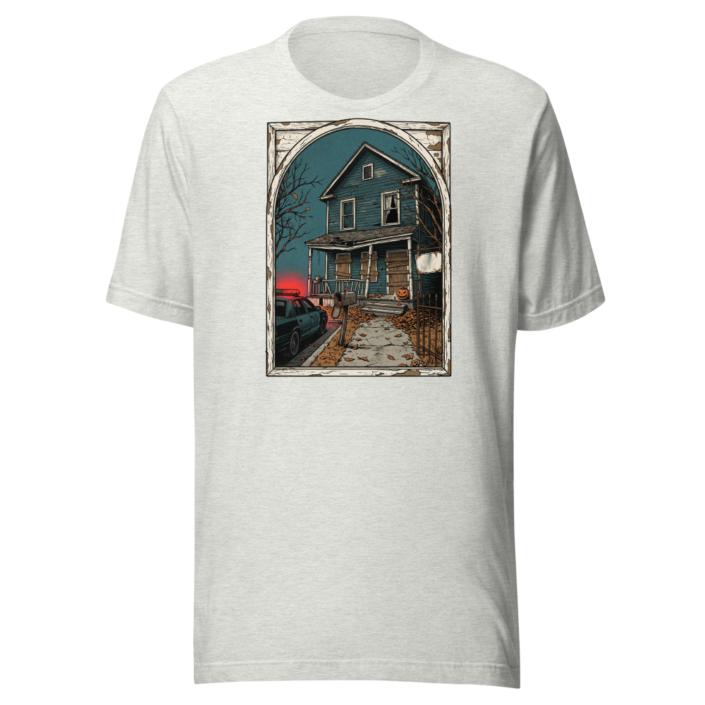 Haunted House Halloween Night Screen Print Horror Tee — Premium Tee — ash front view