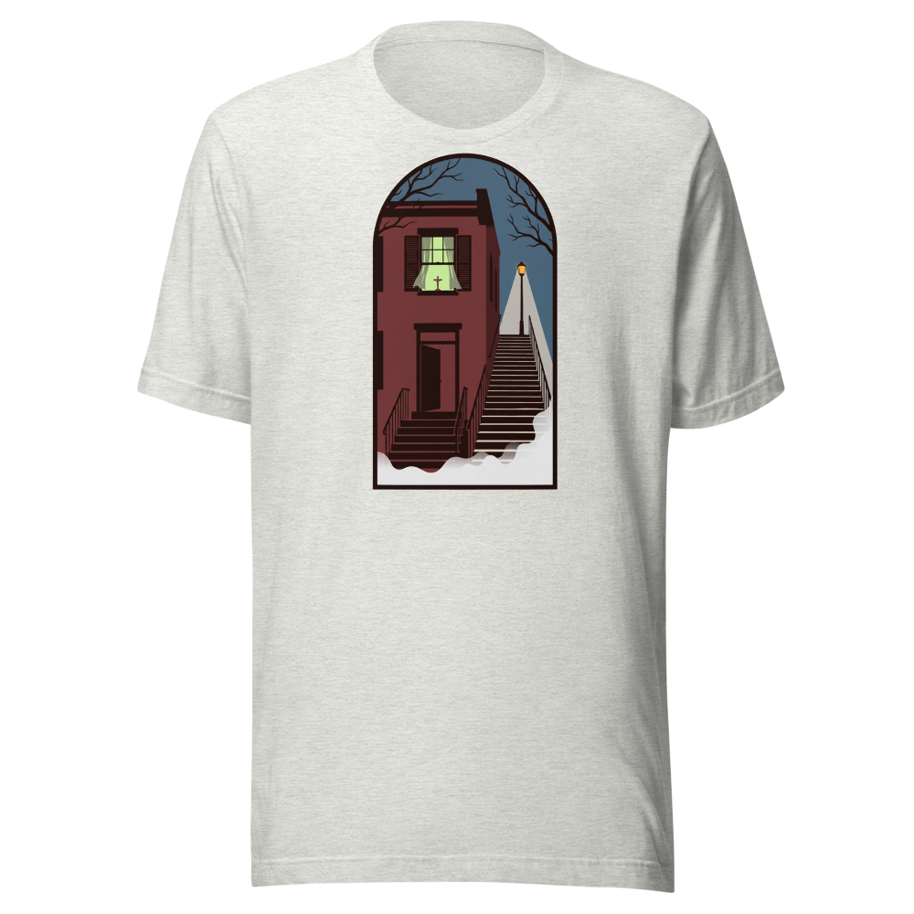 Haunted Row House Stone Stairs Horror Night Tee — Premium Tee — ash front view