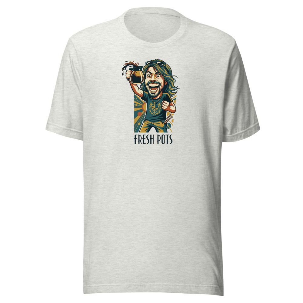 Fresh Pots Coffee Fueled Rock Drummer Art Deco Poster Tee — Premium Tee — ash front view